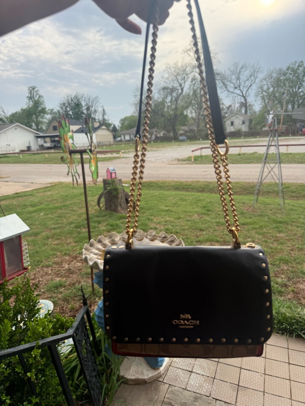Coach Black Leather Shoulder Bag with Gold Chain and Studs